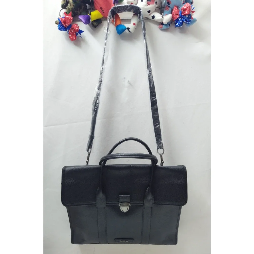 Coach Black Leather Double Handles Pushlock Briefcase Messenger Bag